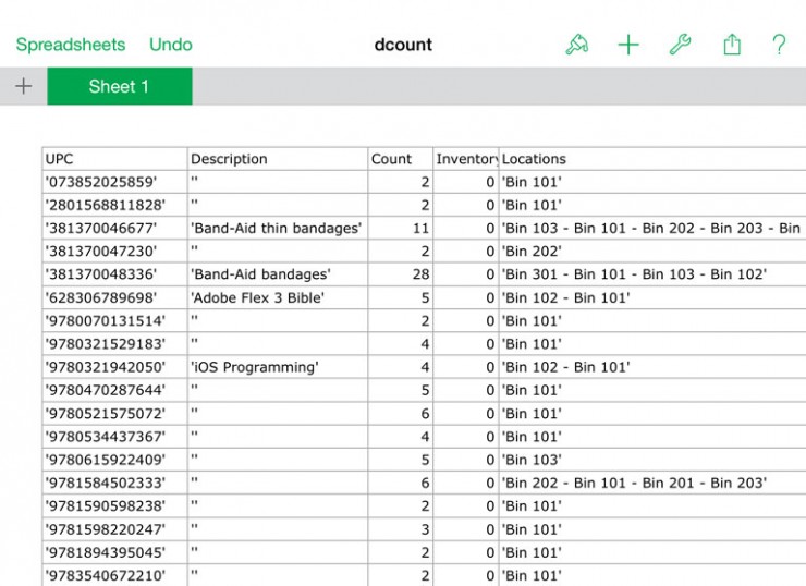 "screen shot of Numbers app showing partial list of our counts"